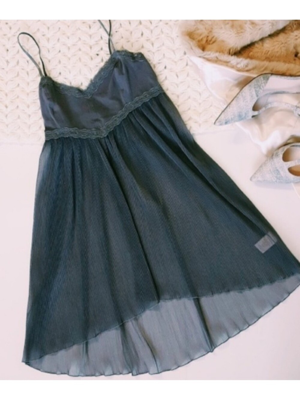 Sheer Navy Blue Lace-Trim Slip Dress Chemise